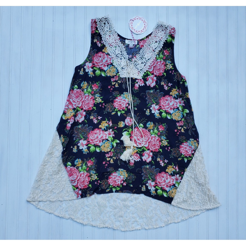 Umgee Floral Lace Tunic Top Navy Blue Pink Sleeveless Boho High Low N2141 Medium